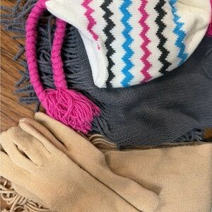 Stylish Pink and Gray Knit Scarf and Glove Set